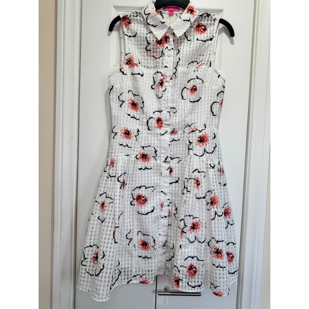 Betsey Johnson 6 White Sleeveless Shirt Dress Sheer Shimmer Romantic Fit Flare